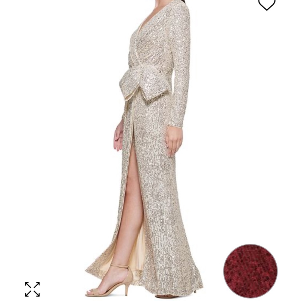 Sequin evening gown with bow and long sleeve